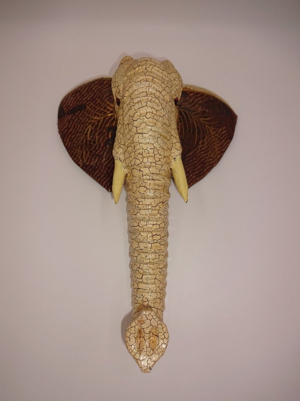 Elephant Head Wall Hanging Mixed Media Crackle Finish Fabric Ears Boho 13"